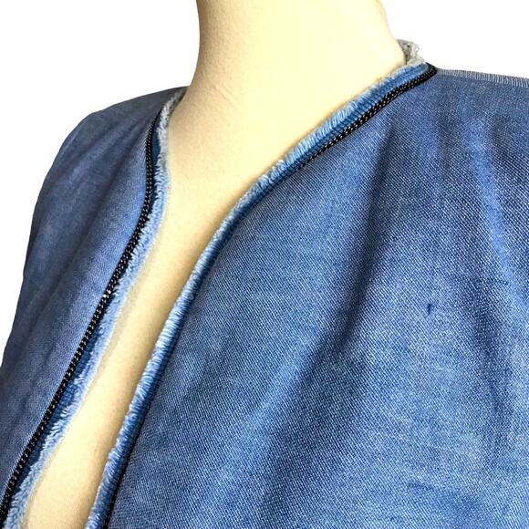Sandro Chambray Open Front Raw Edge Blue Linen Cotton Blazer Coat Jacket Size 36 - Picture 9 of 11